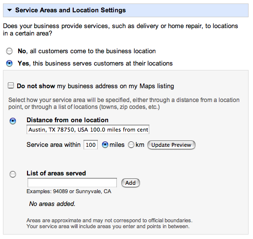 Service Areas and Location Settings